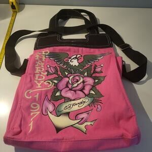 Ed Hardy 1971 Messenger Bag Hot PInk & Black 13"x16" Graphic Print Rose Eagle